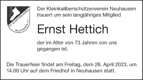 Traueranzeige von Ernst Hettich von Metzinger-Uracher Volksblatt