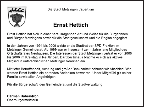 Traueranzeige von Ernst Hettich von Metzinger-Uracher Volksblatt