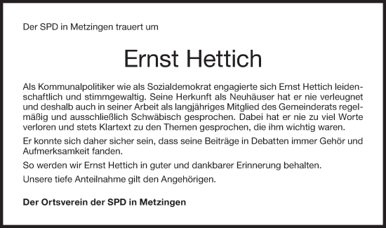 Traueranzeige von Ernst Hettich von Metzinger-Uracher Volksblatt