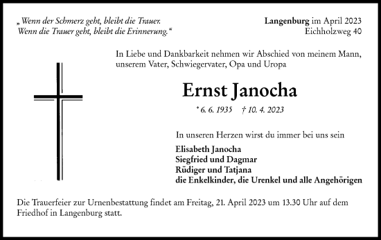 Traueranzeige von Ernst Janocha von Hohenloher Tagblatt