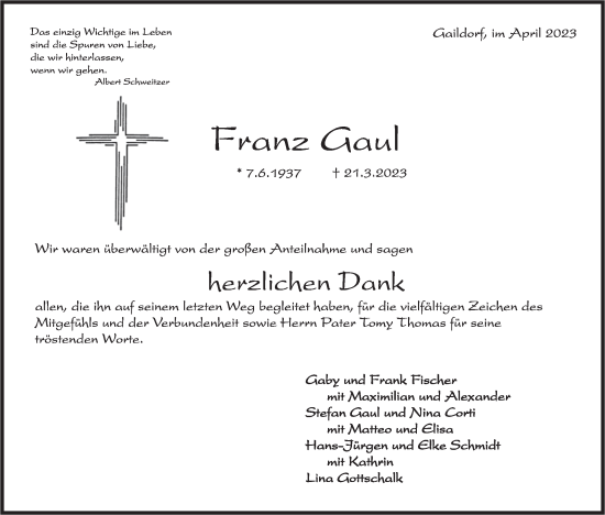 Traueranzeige von Franz Gaul von Rundschau Gaildorf