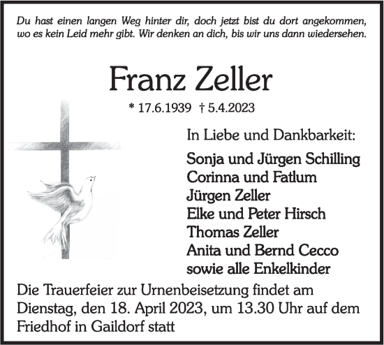 Traueranzeige von Franz Zeller von Rundschau Gaildorf