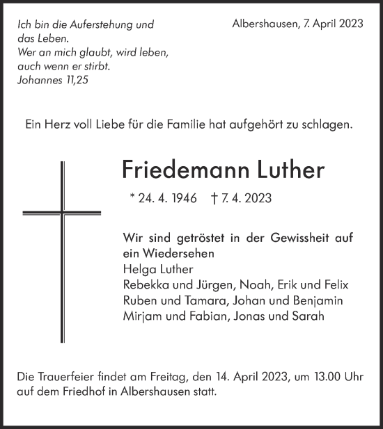 Traueranzeige von Friedemann Luther von NWZ Neue Württembergische Zeitung