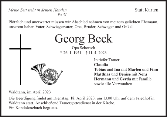 Traueranzeige von Georg Beck von Hohenloher Tagblatt