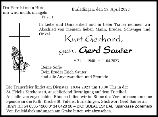 Traueranzeige von Gerd Sauter von Metzinger-Uracher Volksblatt