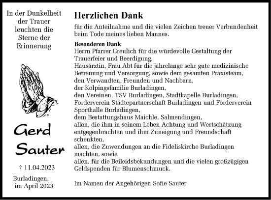 Traueranzeige von Gerd Sauter von Metzinger-Uracher Volksblatt