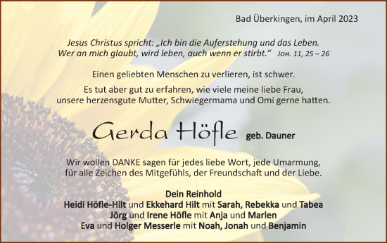 Traueranzeige von Gerda Höfle von Geislinger Zeitung