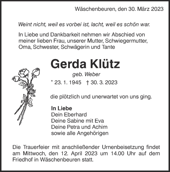 Traueranzeige von Gerda Klütz von NWZ Neue Württembergische Zeitung