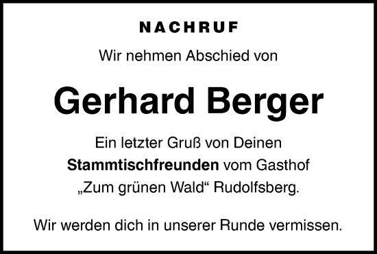 Traueranzeige von Gerhard Berger von Hohenloher Tagblatt