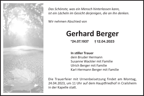 Traueranzeige von Gerhard Berger von Hohenloher Tagblatt