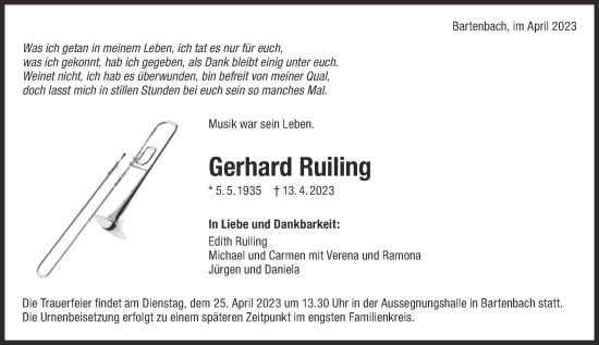 Traueranzeige von Gerhard Ruiling von NWZ Neue Württembergische Zeitung