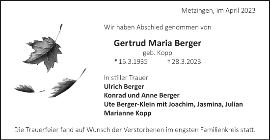 Traueranzeige von Gertrud Maria Berger von Metzinger-Uracher Volksblatt