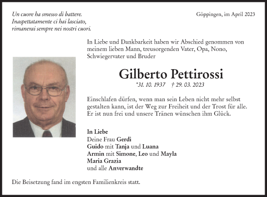 Traueranzeige von Gilberto Pettirossi von NWZ Neue Württembergische Zeitung