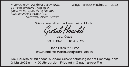 Traueranzeige von Gretel Honold von Geislinger Zeitung