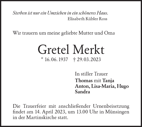 Traueranzeige von Gretel Merkt von Alb-Bote/Metzinger-Uracher Volksblatt