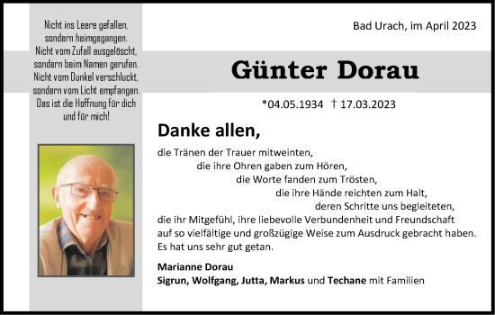 Traueranzeige von Günter Dorau von Alb-Bote/Metzinger-Uracher Volksblatt