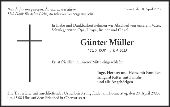 Traueranzeige von Günter Müller von Rundschau Gaildorf