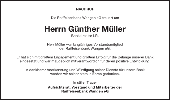 Traueranzeige von Günther Müller von NWZ Neue Württembergische Zeitung/Geislinger Zeitung