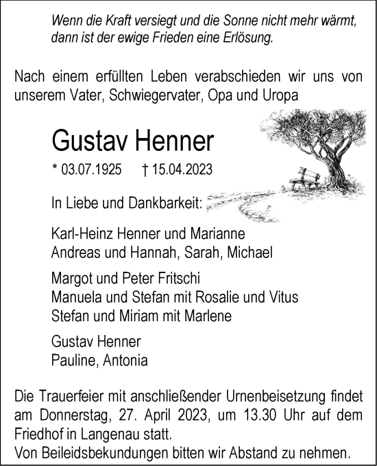 Traueranzeige von Gustav Henner von SÜDWEST PRESSE Ausgabe Ulm/Neu-Ulm