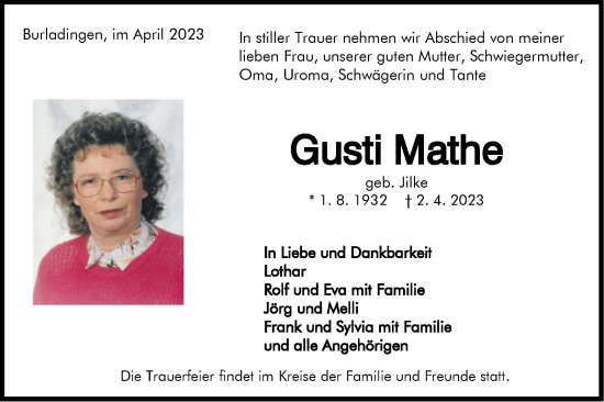 Traueranzeige von Gusti Mathe von Metzinger-Uracher Volksblatt