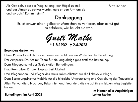 Traueranzeige von Gusti Mathe von Metzinger-Uracher Volksblatt