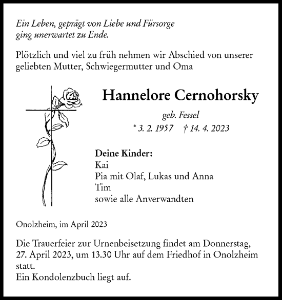 Traueranzeige von Hannelore Cernohorsky von Hohenloher Tagblatt