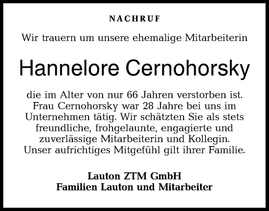 Traueranzeige von Hannelore Cernohorsky von Hohenloher Tagblatt