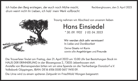 Traueranzeige von Hans Einsiedel von NWZ Neue Württembergische Zeitung