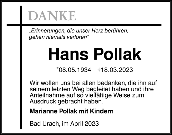 Traueranzeige von Hans Pollak von Metzinger-Uracher Volksblatt