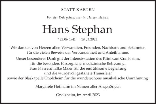 Traueranzeige von Hans Stephan von Hohenloher Tagblatt