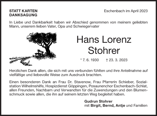 Traueranzeige von Hans Lorenz Stohrer von NWZ Neue Württembergische Zeitung