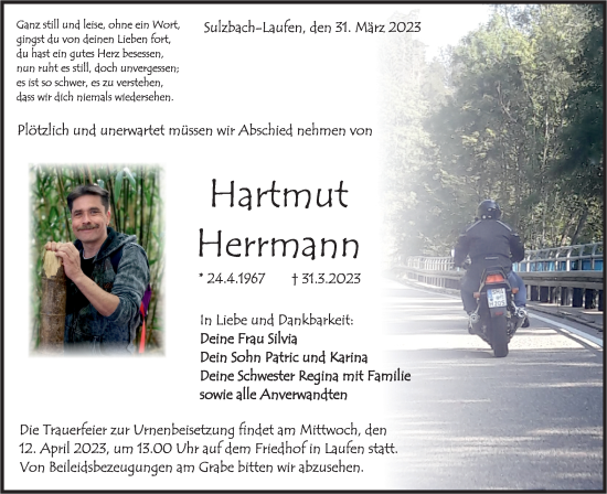 Traueranzeige von Hartmut Herrmann von Rundschau Gaildorf