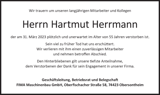 Traueranzeige von Hartmut Herrmann von Haller Tagblatt