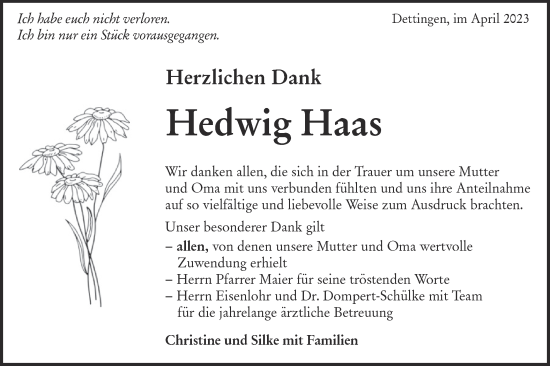 Traueranzeige von Hedwig Haas von Metzinger-Uracher Volksblatt