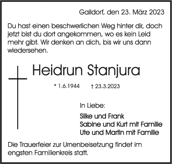 Traueranzeige von Heidrun Stanjura von Rundschau Gaildorf