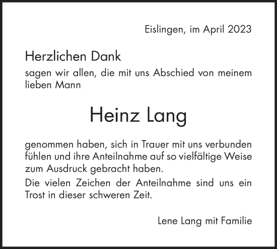 Traueranzeige von Heinz Lang von NWZ Neue Württembergische Zeitung