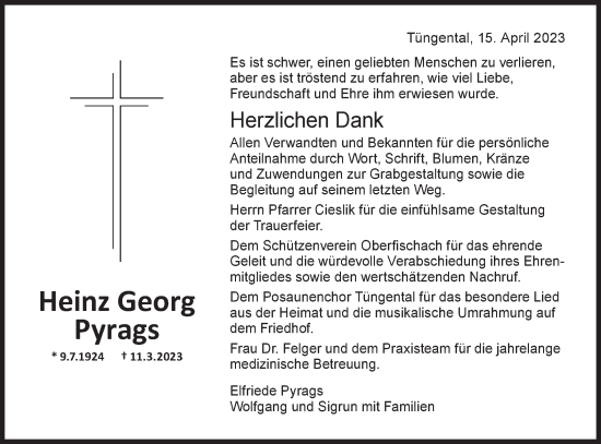 Traueranzeige von Heinz Georg Pyrags von Haller Tagblatt