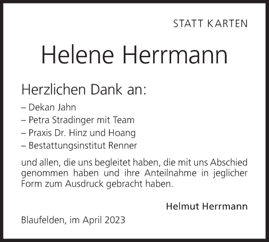 Traueranzeige von Helene Herrmann von Hohenloher Tagblatt