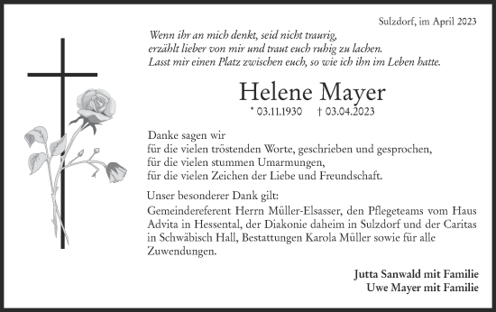 Traueranzeige von Helene Mayer von Haller Tagblatt