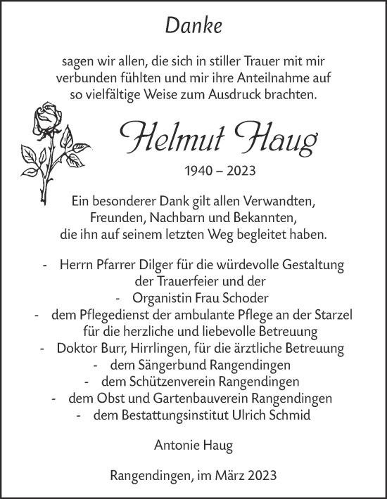 Traueranzeige von Helmut Haug von Metzinger-Uracher Volksblatt