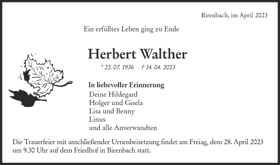 Traueranzeige von Herbert Walther von NWZ Neue Württembergische Zeitung