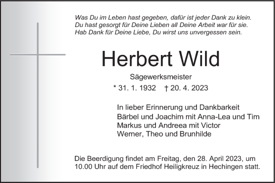 Traueranzeige von Herbert Wild von Metzinger-Uracher Volksblatt