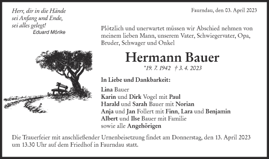 Traueranzeige von Hermann Bauer von NWZ Neue Württembergische Zeitung