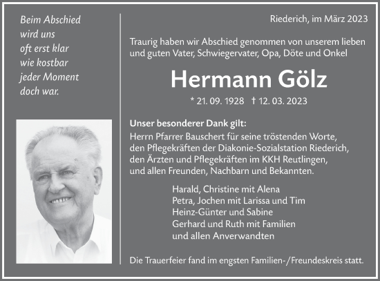 Traueranzeige von Hermann Gölz von Alb-Bote/Metzinger-Uracher Volksblatt