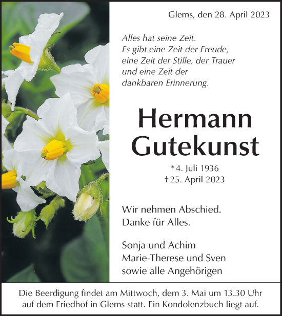 Traueranzeige von Hermann Gutekunst von Metzinger-Uracher Volksblatt