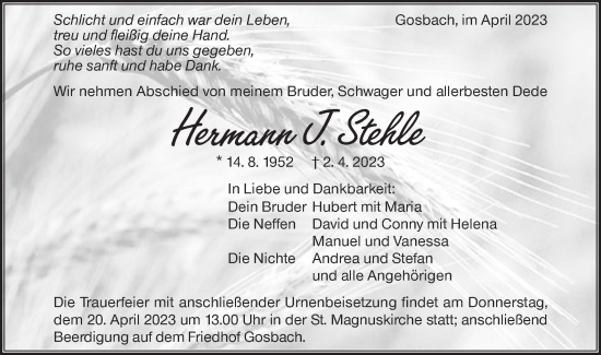 Traueranzeige von Hermann  Stehle von Geislinger Zeitung