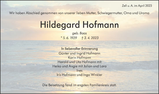 Traueranzeige von Hildegard Hofmann von NWZ Neue Württembergische Zeitung