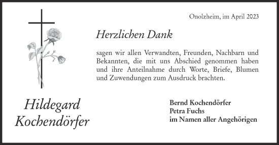 Traueranzeige von Hildegard Kochendörfer von Hohenloher Tagblatt