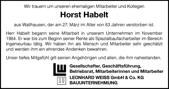 Traueranzeige von Horst Habelt von Hohenloher Tagblatt