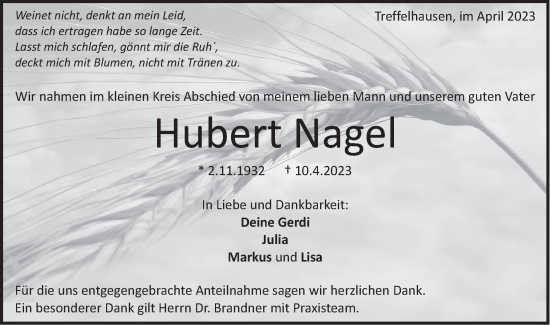 Traueranzeige von Hubert Nagel von Geislinger Zeitung